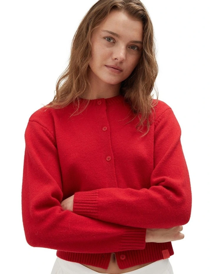 Crew Neck Cardigan in Red image 4