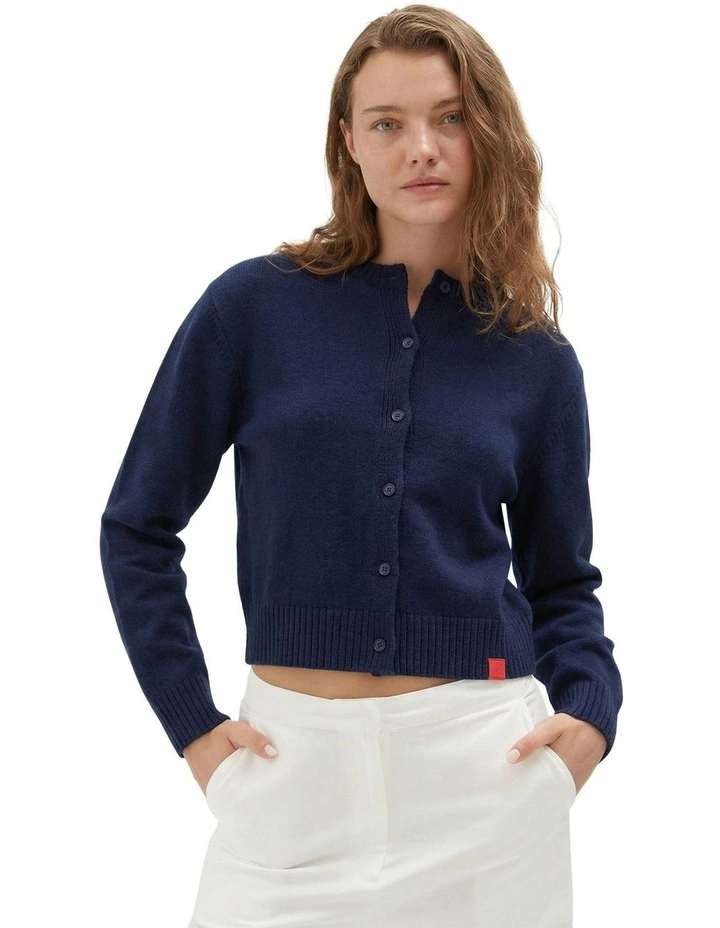 Crew Neck Cardigan in Navy image 1