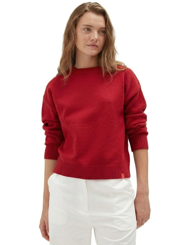 Crew Neck Knit Sweater in Red image 1