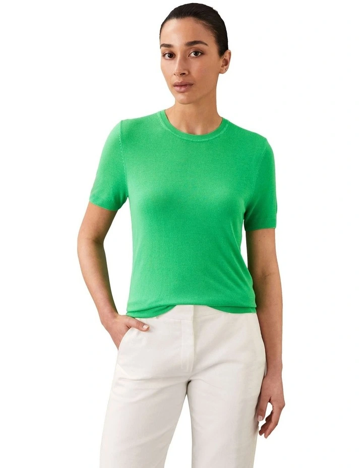 Fine Gauge Viscose Short Sleeve Sweater in Green image 1