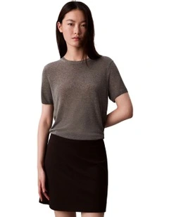 Fine Gauge Viscose Short Sleeve Sweater in Grey Heather
