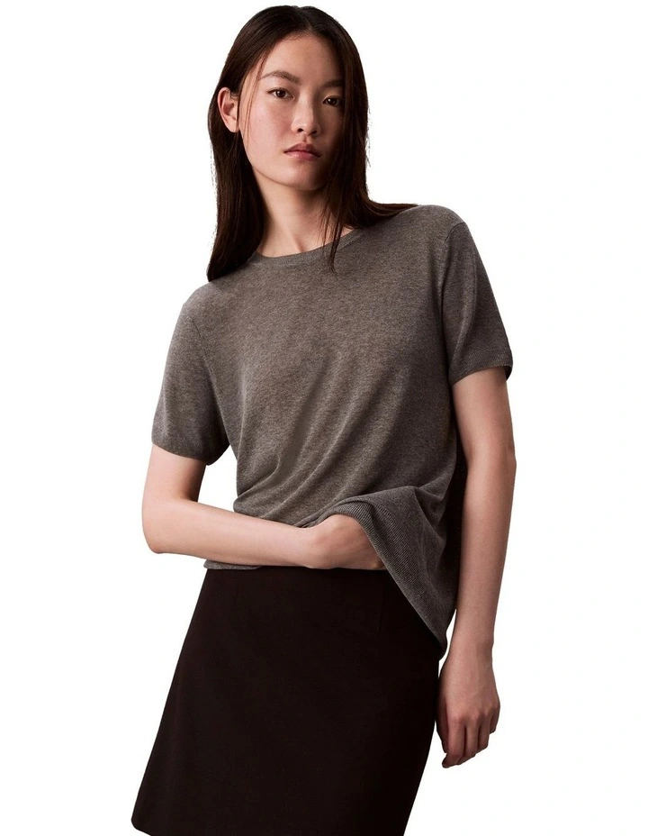 Fine Gauge Viscose Short Sleeve Sweater in Grey Heather image 6