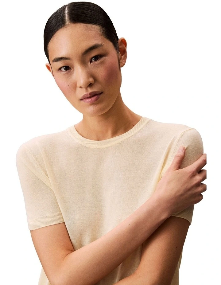Fine Gauge Viscose Short Sleeve Sweater in Buttercream image 4