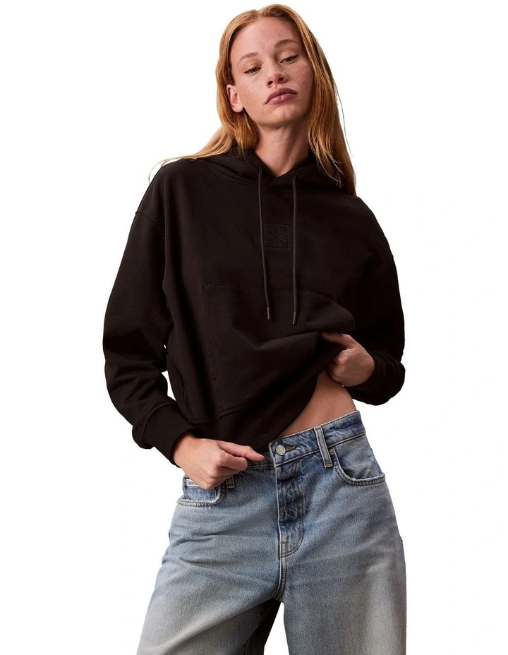 Long Sleeve Premium Terry Emblem Logo Hoodie in Black image 5