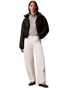 Allover Print Logo Jacquard Puffer Jacket in Brown