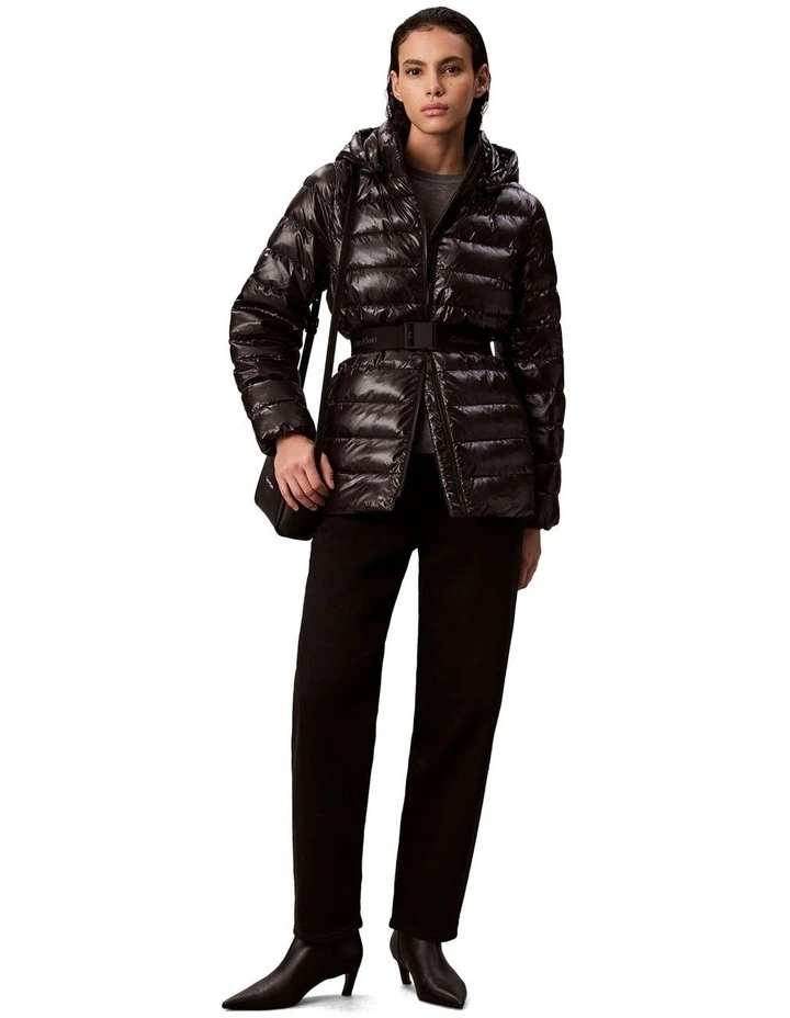 Belted Lightweight Puffer in Black image 1