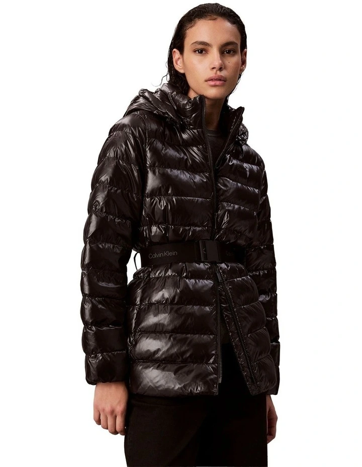 Belted Lightweight Puffer in Black image 3
