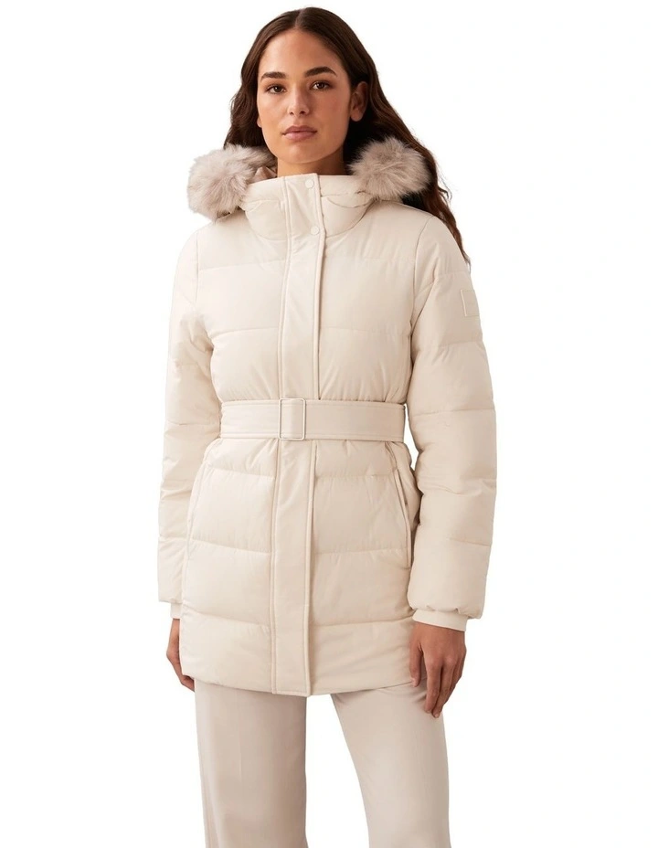 Belted Matte Quilted Jacket with Fur in White image 1