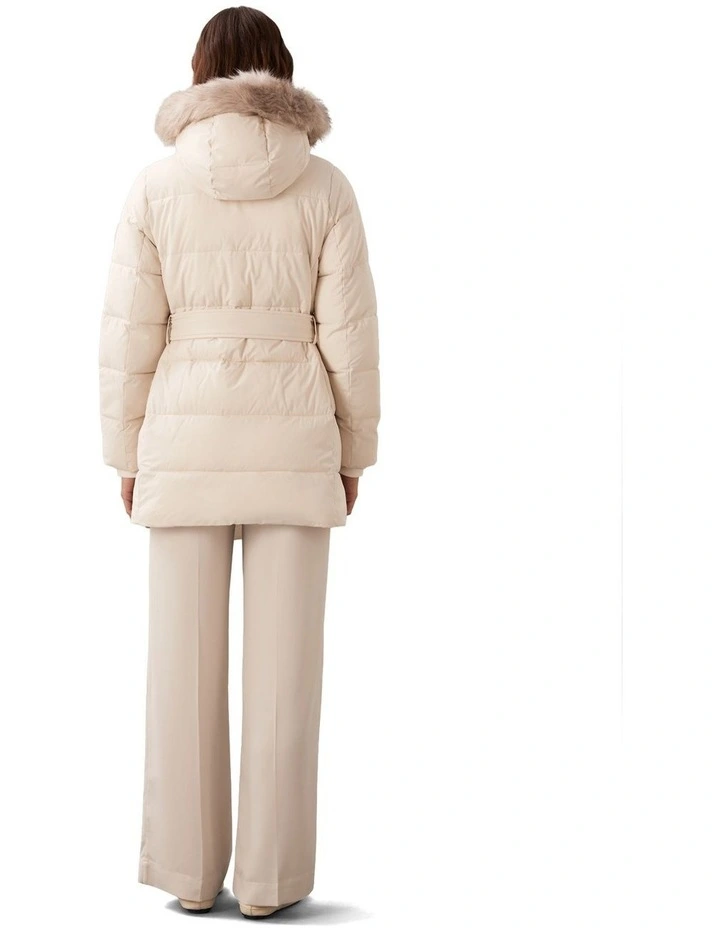 Belted Matte Quilted Jacket with Fur in White image 2