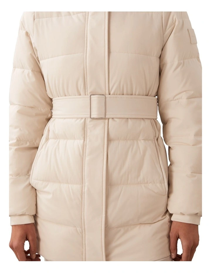 Belted Matte Quilted Jacket with Fur in White image 3