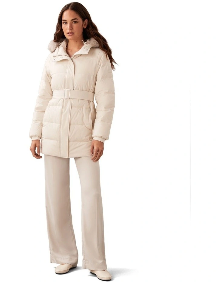 Belted Matte Quilted Jacket with Fur in White image 4