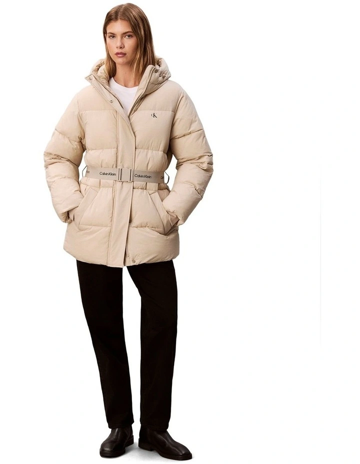 Belted Midweight Puffer in Beige image 1