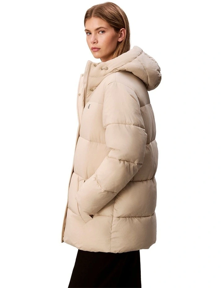 Belted Midweight Puffer in Beige image 3