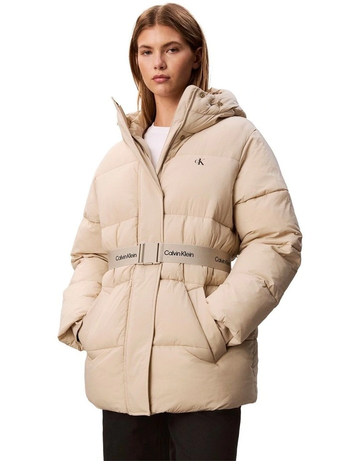 Belted Midweight Puffer in Beige image 4