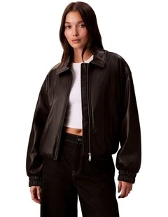Faux Leather Insulated Bomber in Black