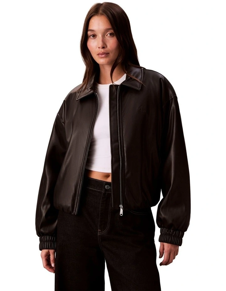 Faux Leather Insulated Bomber in Black image 1