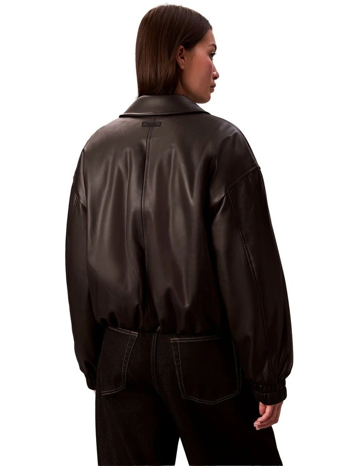 Faux Leather Insulated Bomber in Black image 2