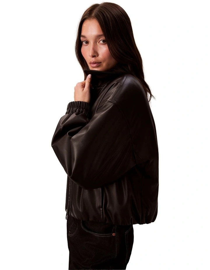 Faux Leather Insulated Bomber in Black image 3