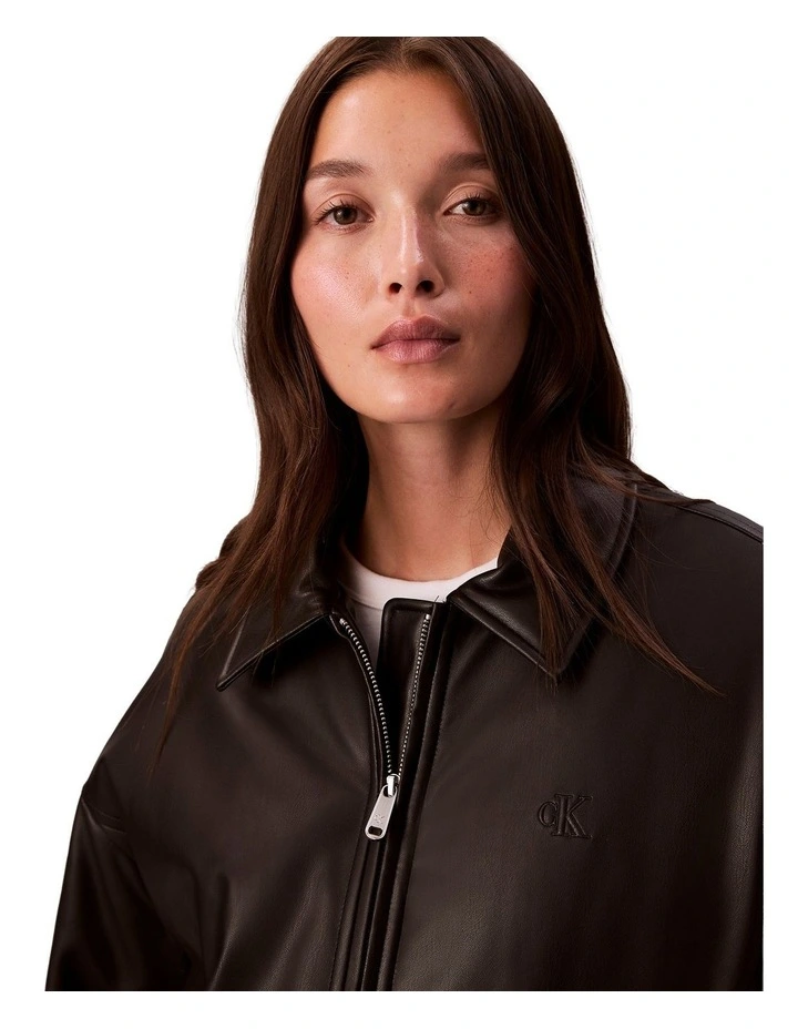 Faux Leather Insulated Bomber in Black image 4