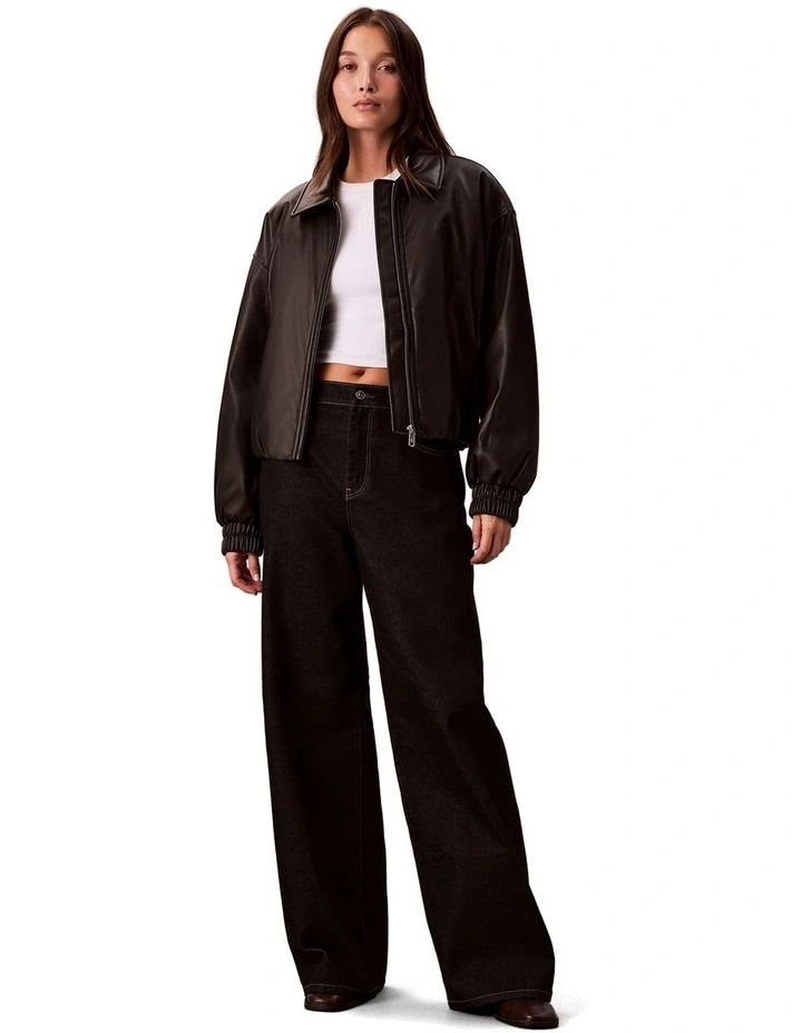 Faux Leather Insulated Bomber in Black image 5