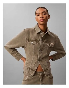 Cinched Peplum Denim Jacket in Faded Olive