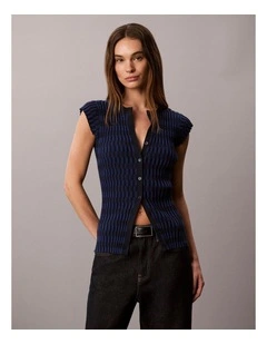 Checkered Rib Cardigan in Estate Blue