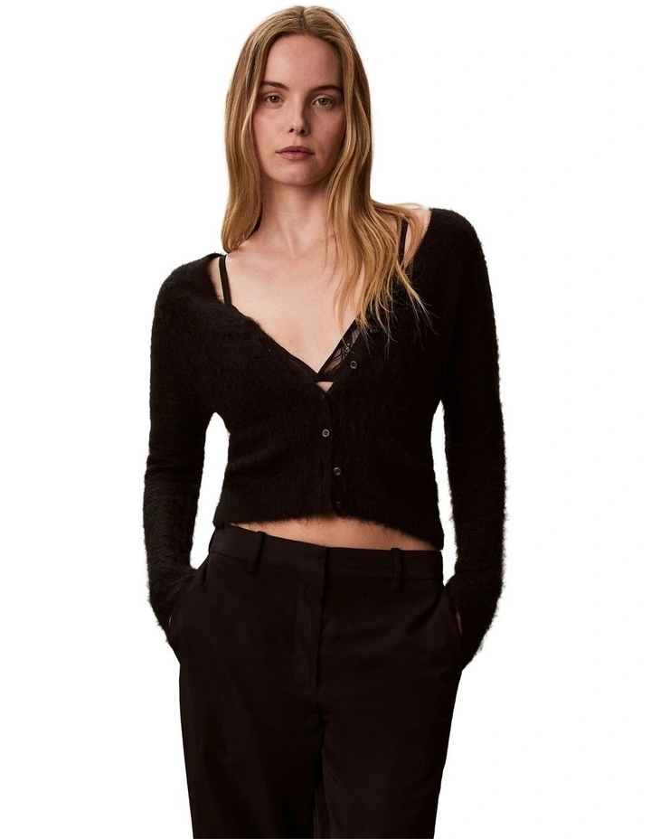 Long Sleeve Button Up Alpaca Blend Cardigan in Black image 1