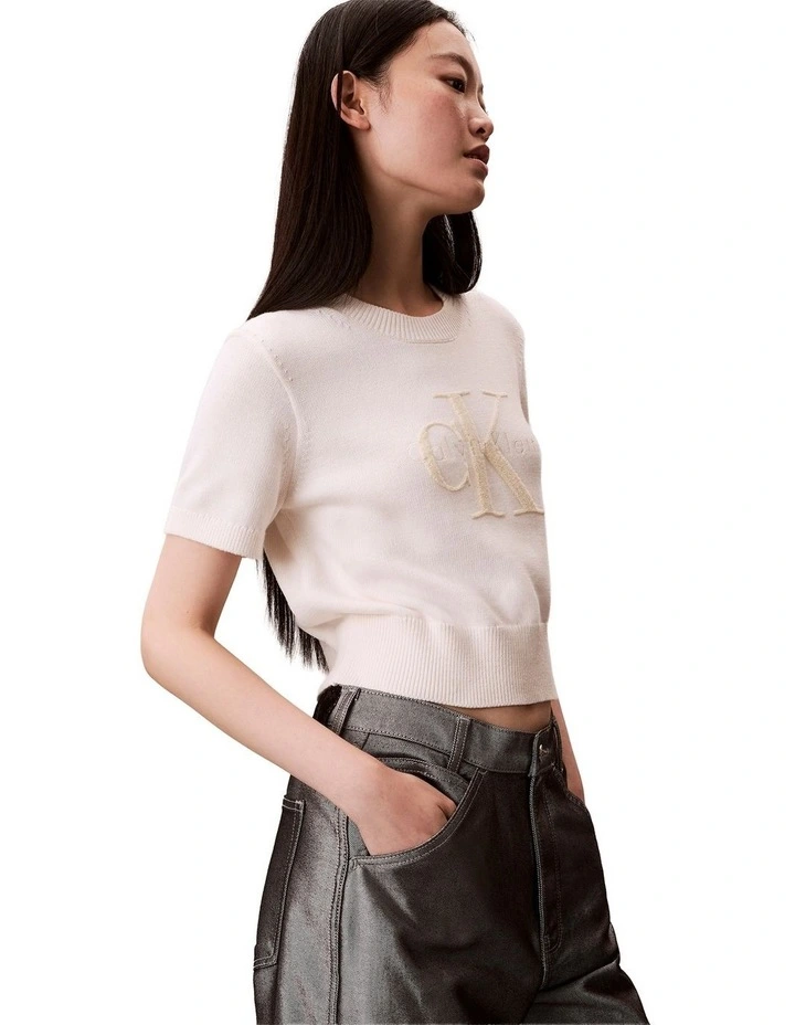 Monologo Cropped Jumper in White Greige image 3