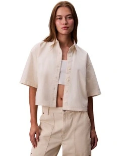 Denim Short Sleeve Cropped Shirt in Chalk White