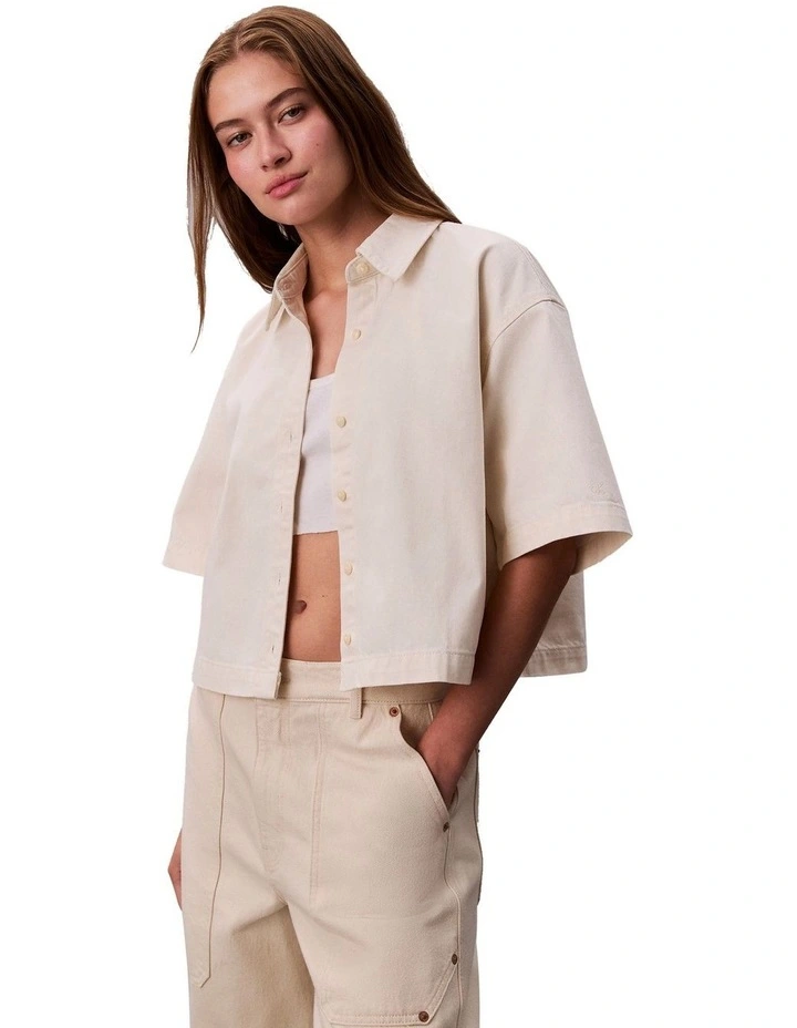 Denim Short Sleeve Cropped Shirt in Chalk White image 3