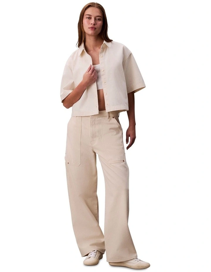 Denim Short Sleeve Cropped Shirt in Chalk White image 4