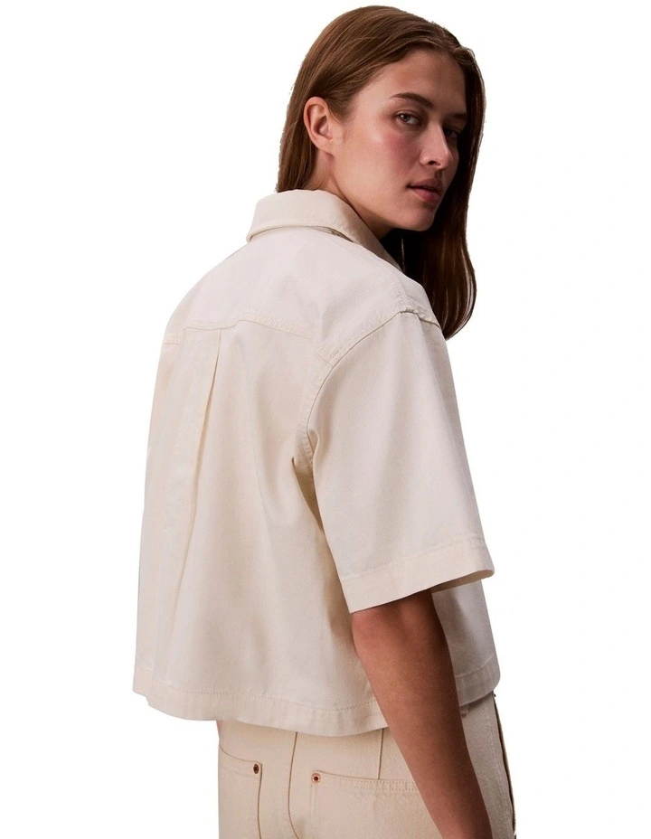Denim Short Sleeve Cropped Shirt in Chalk White image 5