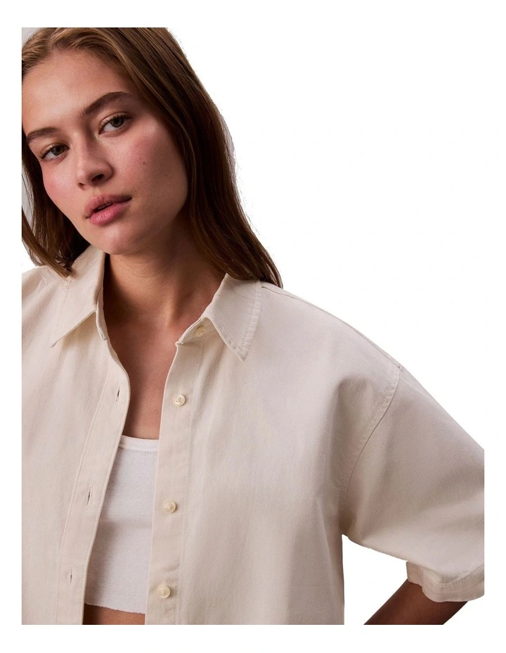 Denim Short Sleeve Cropped Shirt in Chalk White image 6