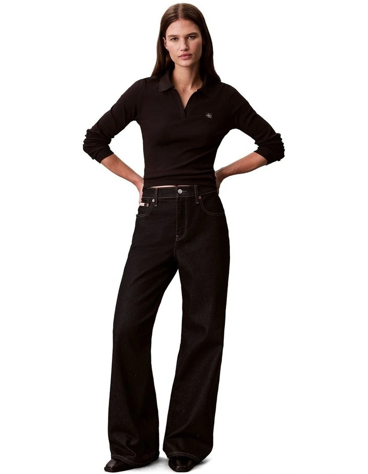 Woven Label Johnny Collar Long Sleeve Top in Black image 1