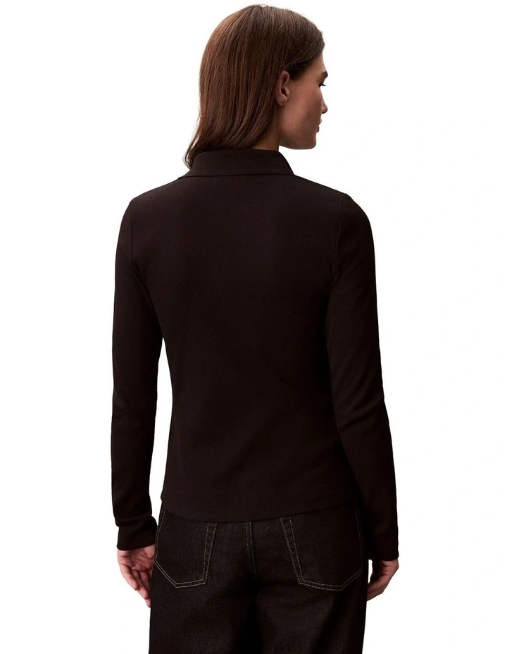 Woven Label Johnny Collar Long Sleeve Top in Black image 2