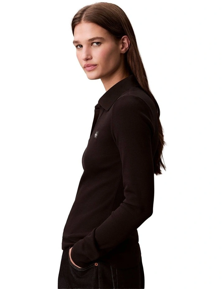 Woven Label Johnny Collar Long Sleeve Top in Black image 3