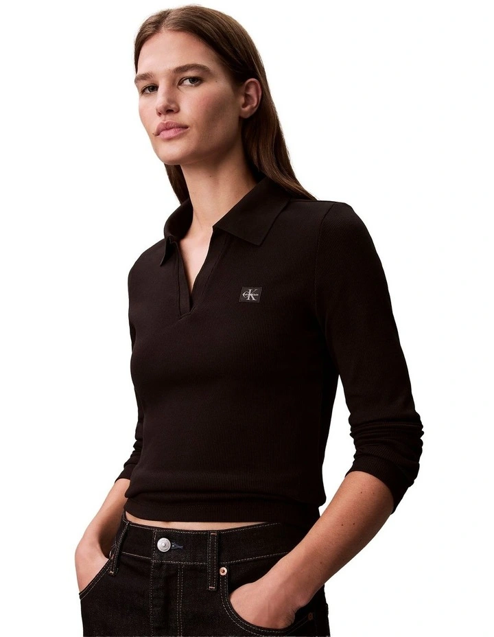 Woven Label Johnny Collar Long Sleeve Top in Black image 4