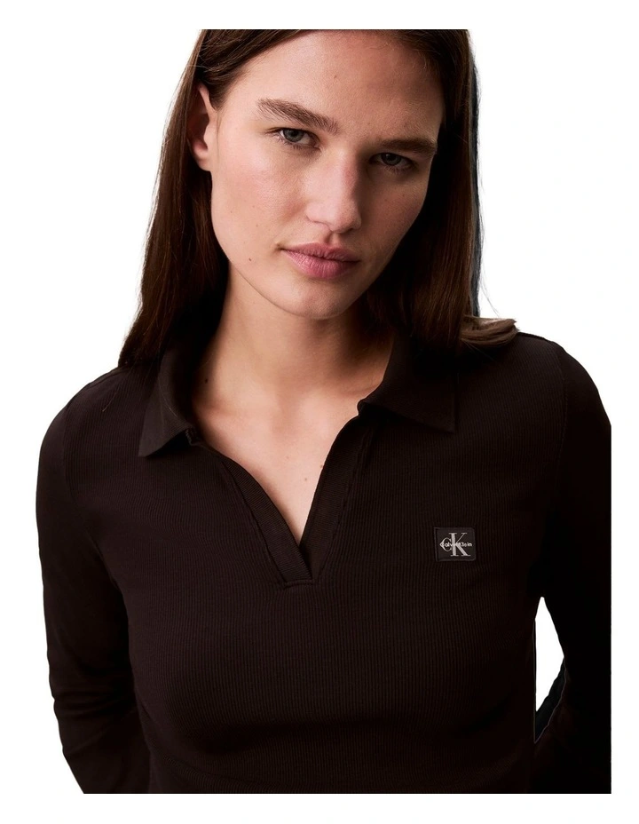 Woven Label Johnny Collar Long Sleeve Top in Black image 6