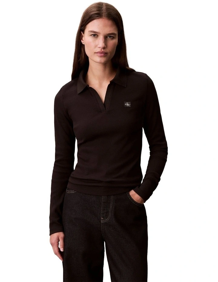 Woven Label Johnny Collar Long Sleeve Top in Black image 7