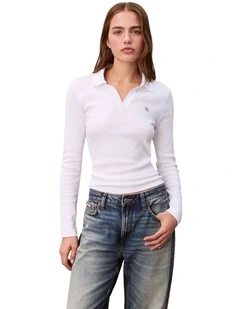 Woven Label Johnny Collar Long Sleeve Top in White