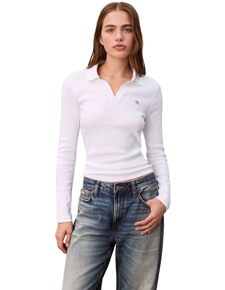 Woven Label Johnny Collar Long Sleeve Top in White image 1