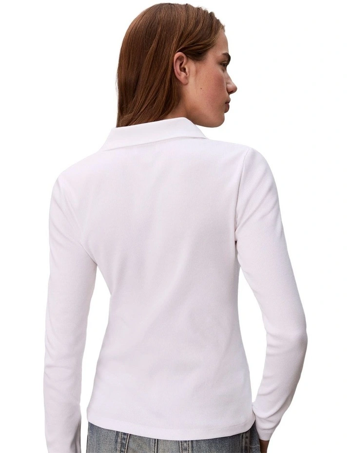 Woven Label Johnny Collar Long Sleeve Top in White image 2