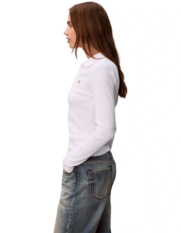 Woven Label Johnny Collar Long Sleeve Top in White image 3