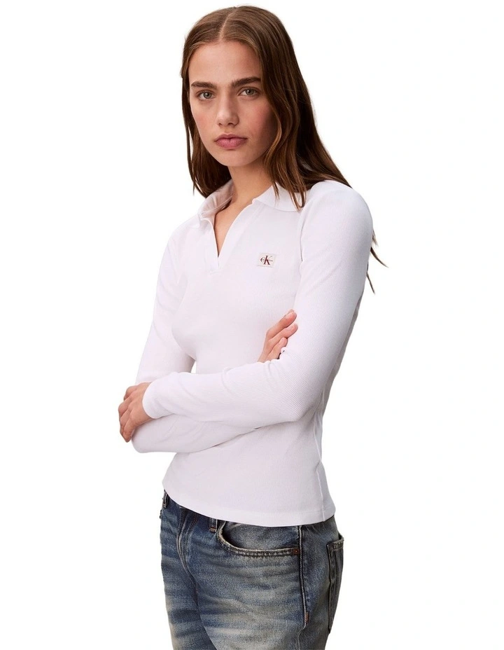 Woven Label Johnny Collar Long Sleeve Top in White image 4