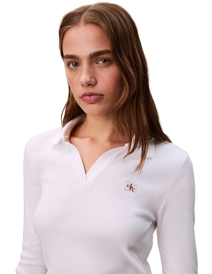 Woven Label Johnny Collar Long Sleeve Top in White image 5