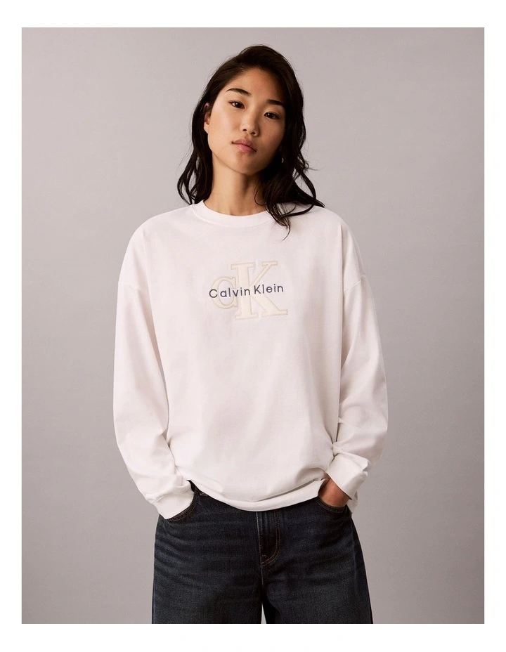 Long Sleeve Denim Applique Monologo Tee in White image 1