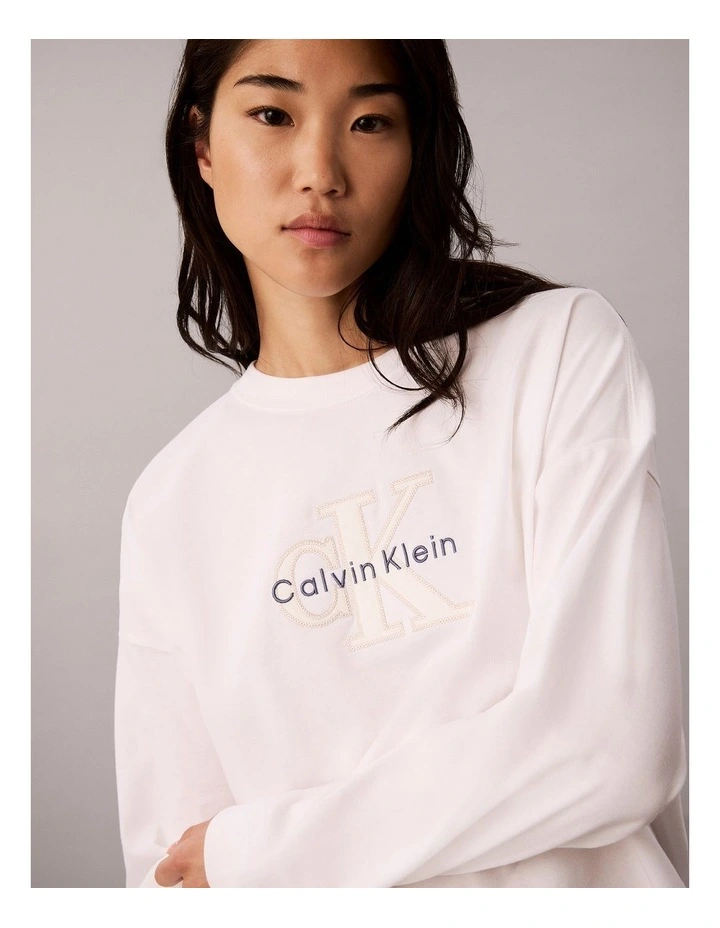Long Sleeve Denim Applique Monologo Tee in White image 4