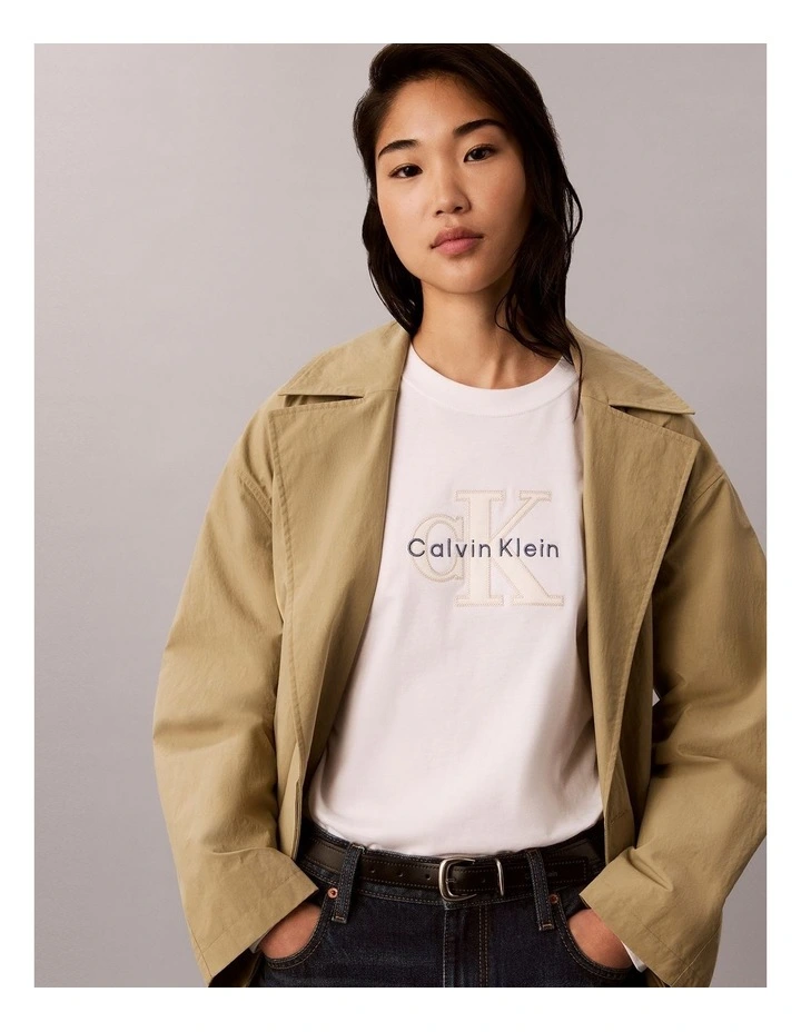 Long Sleeve Denim Applique Monologo Tee in White image 5