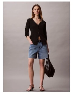 Woven Monologo Fine Rib Slim Cardigan in Black