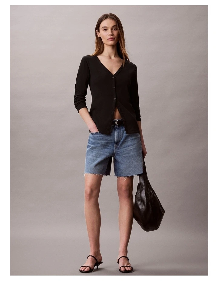 Woven Monologo Fine Rib Slim Cardigan in Black image 1
